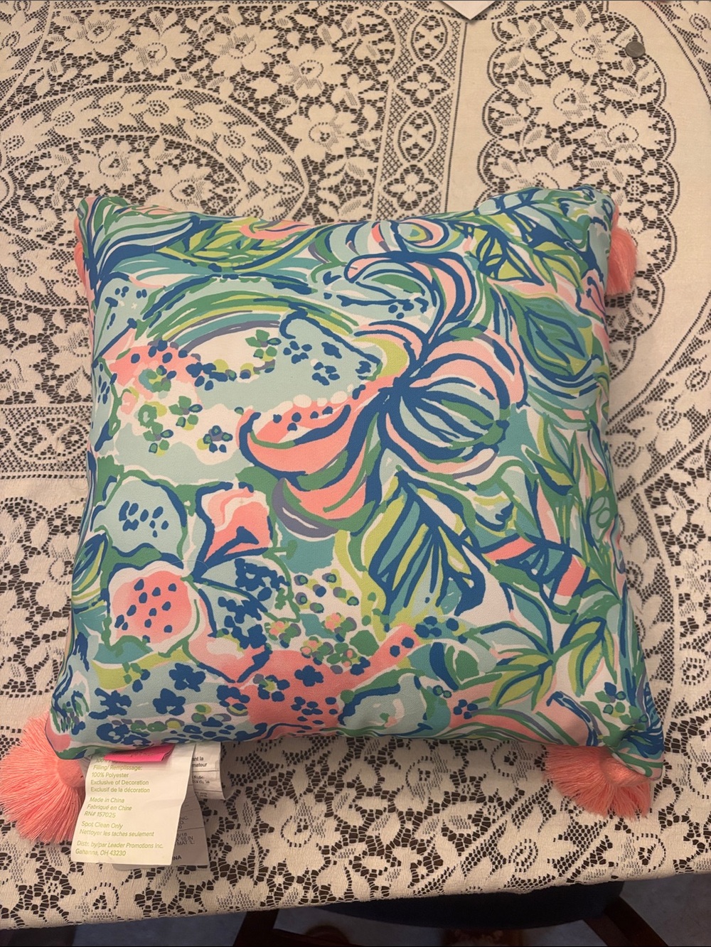Lilly Pulitzer Blue, Pink & Green Floral Toss Pillow with Coral Tassels